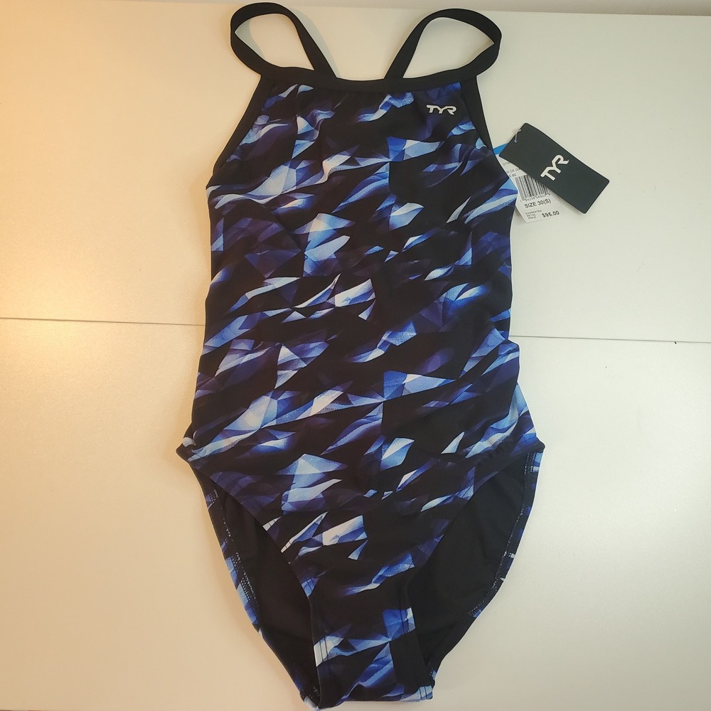 TYR Durafast Elite Diamondfit One Piece Swimsuit Blue Black Geometric Size 30 S